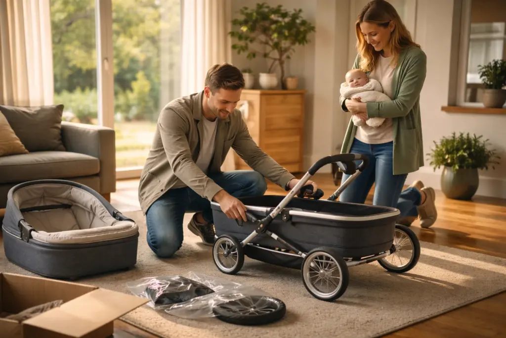 Kinderwagen wird im Wohnzimmer aufgebaut – stabiler Rahmen und übersichtliche Montage