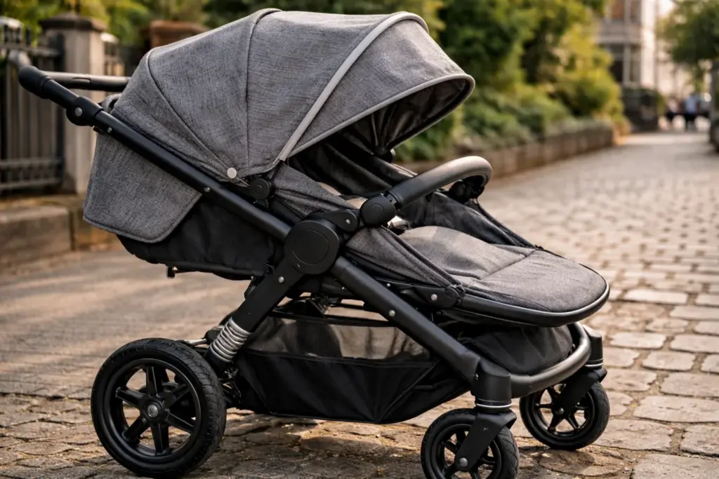 Kinderwagen auf Kopfsteinpflaster – Stoffe, Rahmen und Räder im Alltagseinsatz sichtbar
