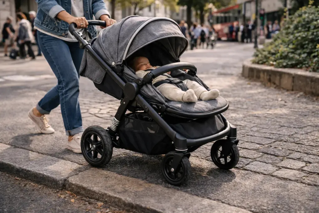 Kinderwagen über abgesenkten Bordstein geschoben – ruhiges Fahrverhalten auf Pflaster