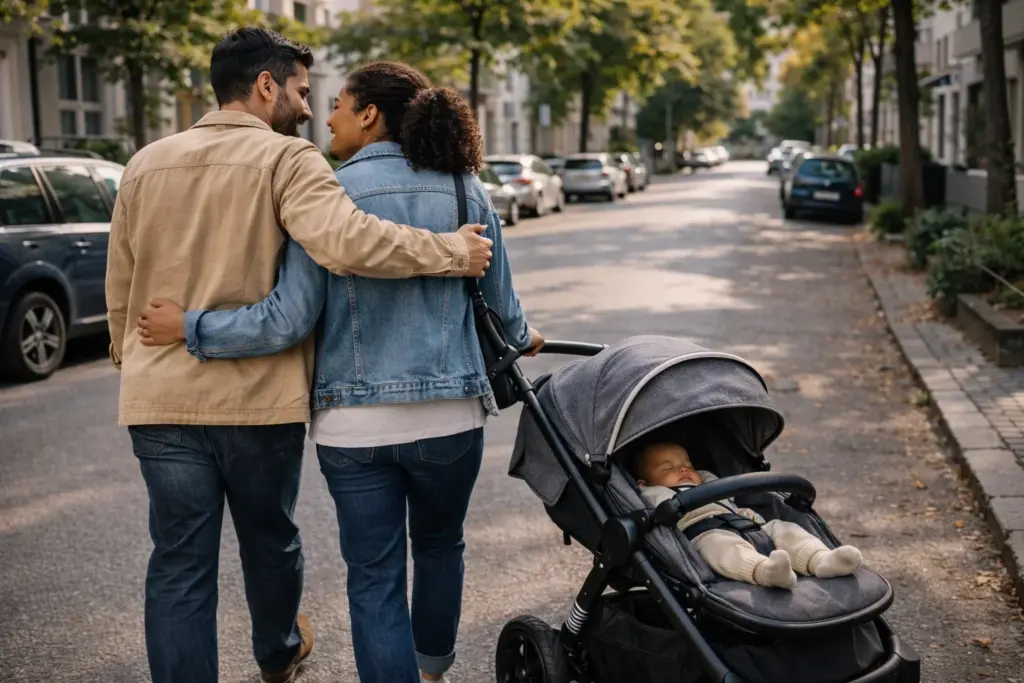 Kinderwagen im ruhigen Stadtalltag – Familie unterwegs mit entspanntem, kontrolliertem Schieben