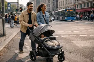 Kinderwagen im Stadtverkehr – wendiges Schieben an Kreuzung mit Bordstein und Gehweg