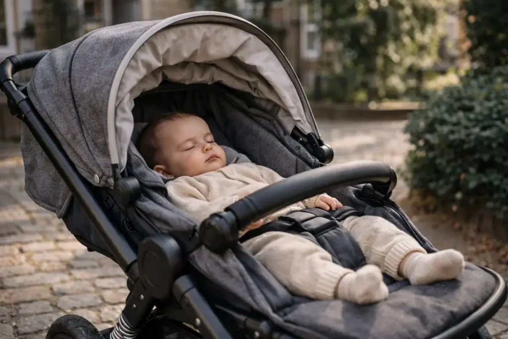 Gepolsterte Liegefläche im Kinderwagen – Baby liegt ruhig und geschützt im Schatten