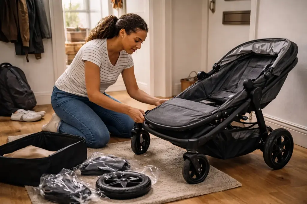 Kinderwagen wird in Wohnung aufgebaut – stabiler Rahmen und übersichtliche Montage