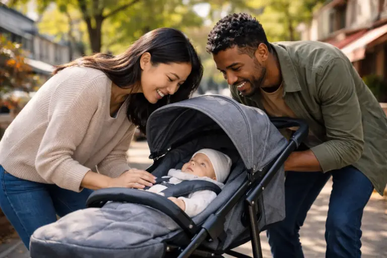 Kinderwagen im dichten Stadtverkehr – wendiges Schieben an Kreuzung und Gehweg