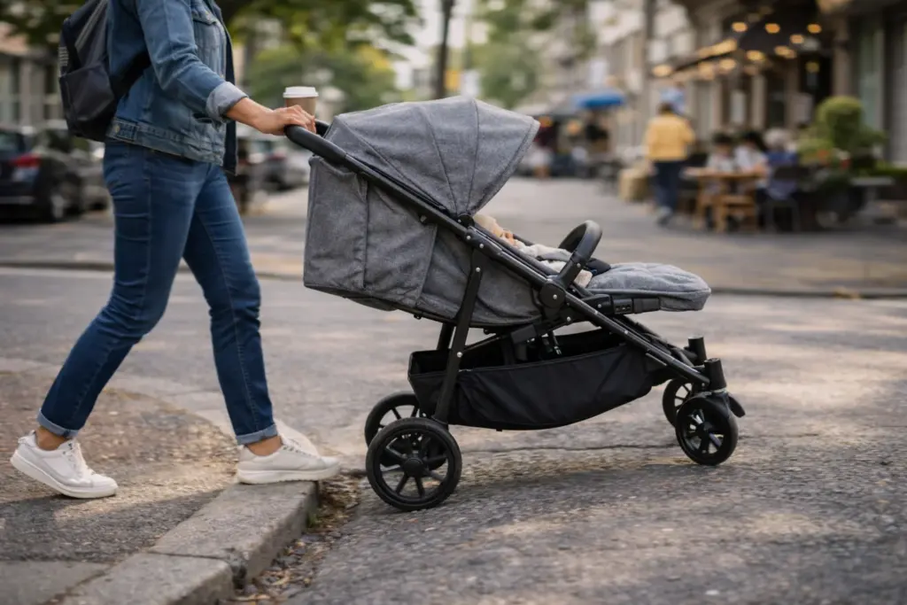 Kinderwagen über abgesenkten Bordstein geschoben – stabiles Fahrverhalten auf Pflaster