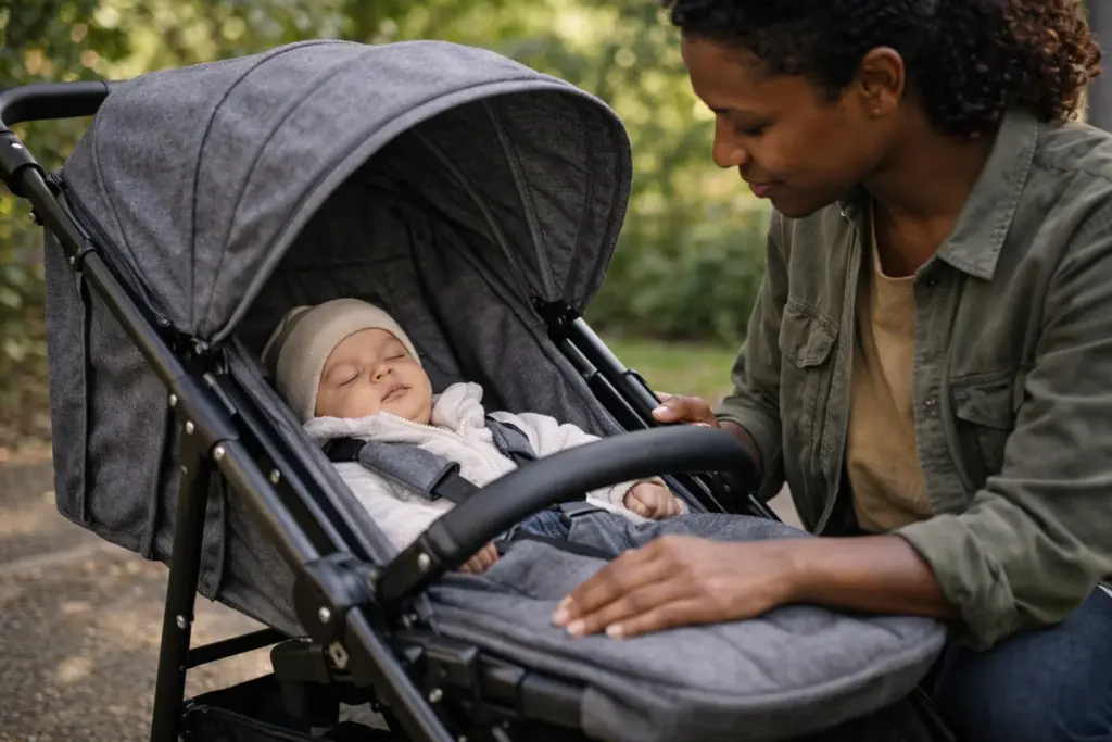 Gepolsterte Liegefläche im Kinderwagen – Baby liegt ruhig und geschützt im Schatten