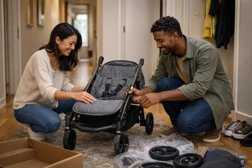 Kinderwagen wird in Wohnung aufgebaut – stabiler Rahmen und übersichtliche Montage