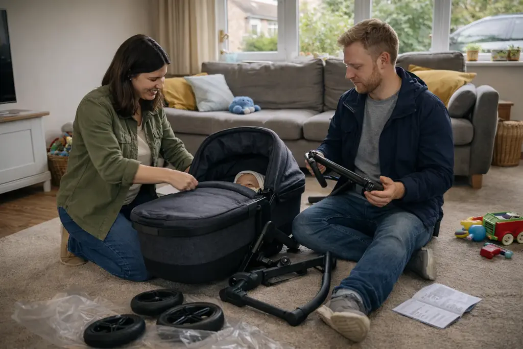 Kombikinderwagen wird im Wohnzimmer aufgebaut – stabiler Rahmen und übersichtliche Montage