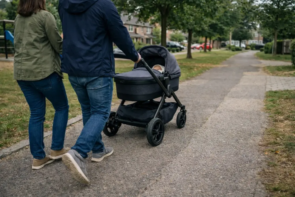 Kombikinderwagen in Bewegung auf Gehweg – stabiles Fahrverhalten auf unebenem Untergrund
