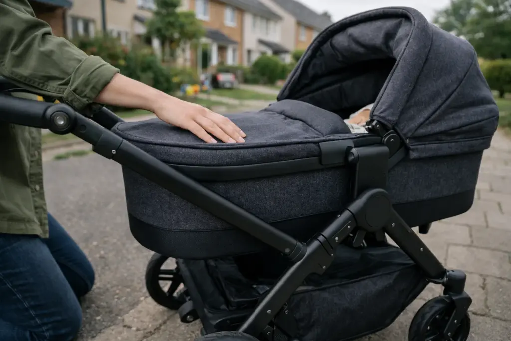 Kombikinderwagen Detailansicht – feste Stoffe, saubere Nähte und stabiler Rahmen