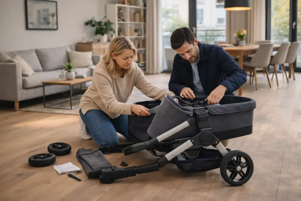 Kinderwagen wird im Wohnzimmer aufgebaut – stabiler Rahmen und übersichtlicher Aufbau