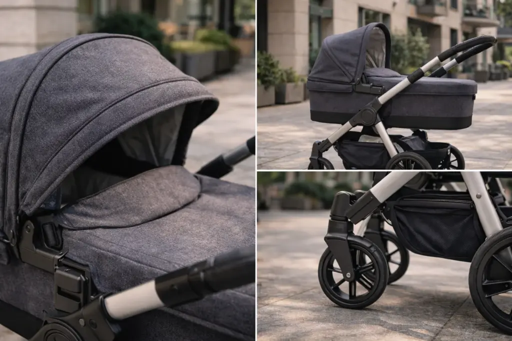 Detailansicht von Stoff, Rahmen und Rädern – saubere Verarbeitung im Stadtumfeld