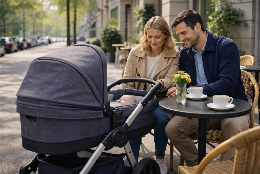 Geparkter Kinderwagen neben Straßencafé – entspannte Pause im Familienalltag