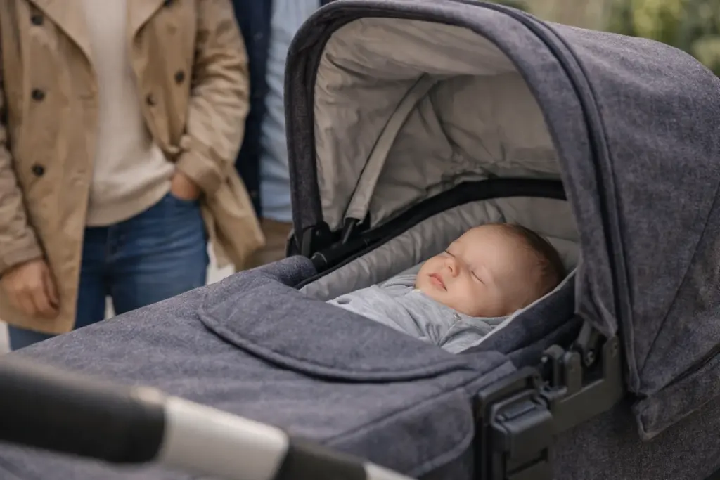 Großzügig gepolsterte Liegefläche im Kinderwagen – Baby liegt ruhig und geschützt