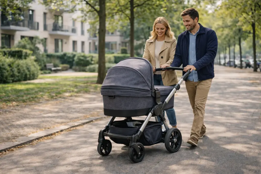 Kinderwagen in Bewegung auf Parkweg – stabiles Fahrverhalten bei Spaziergängen
