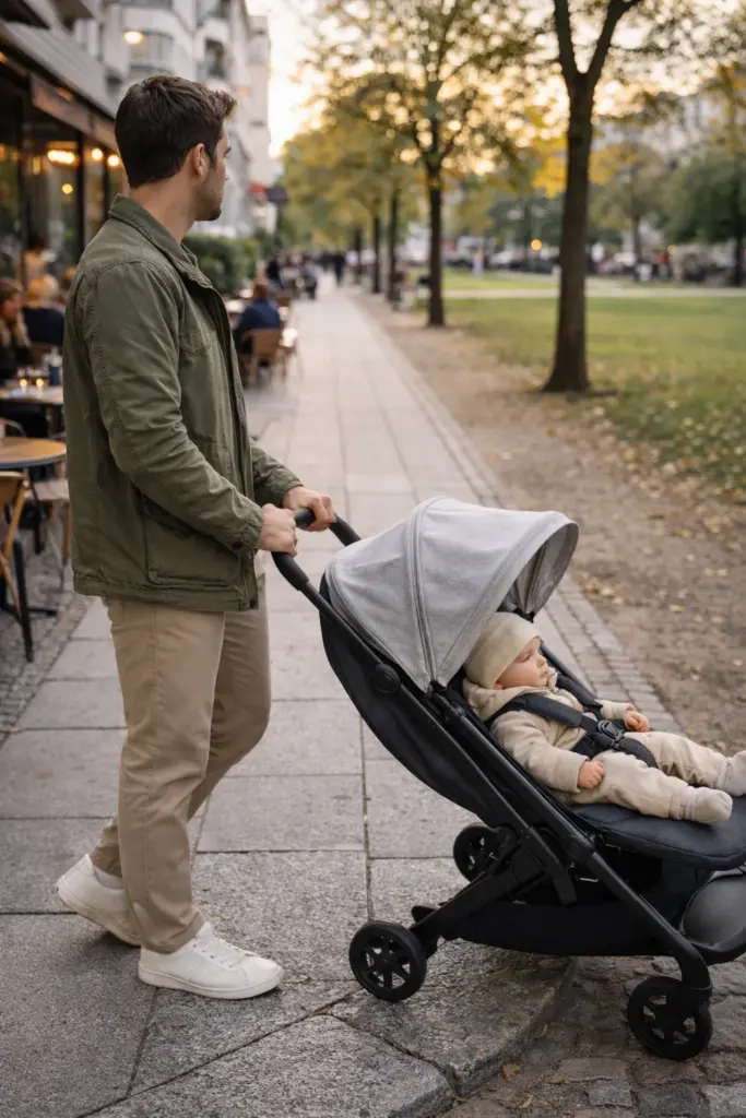 Buggy am Parkrand vor Café – entspannte Pause nach Stadtspaziergang