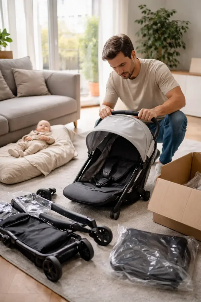 Buggy wird in heller Wohnung aufgebaut – kompakter Rahmen und übersichtlicher Aufbau im Alltag