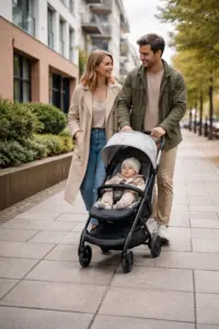 Kompakter Buggy auf breitem Stadtgehweg – einhändiges Schieben im urbanen Alltag möglich