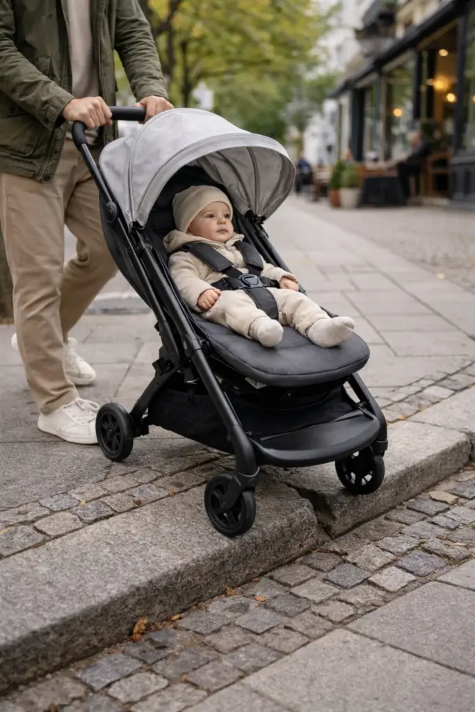 Buggy über Bordstein in der Stadt – wendiges Handling auf schmalen Gehwegen
