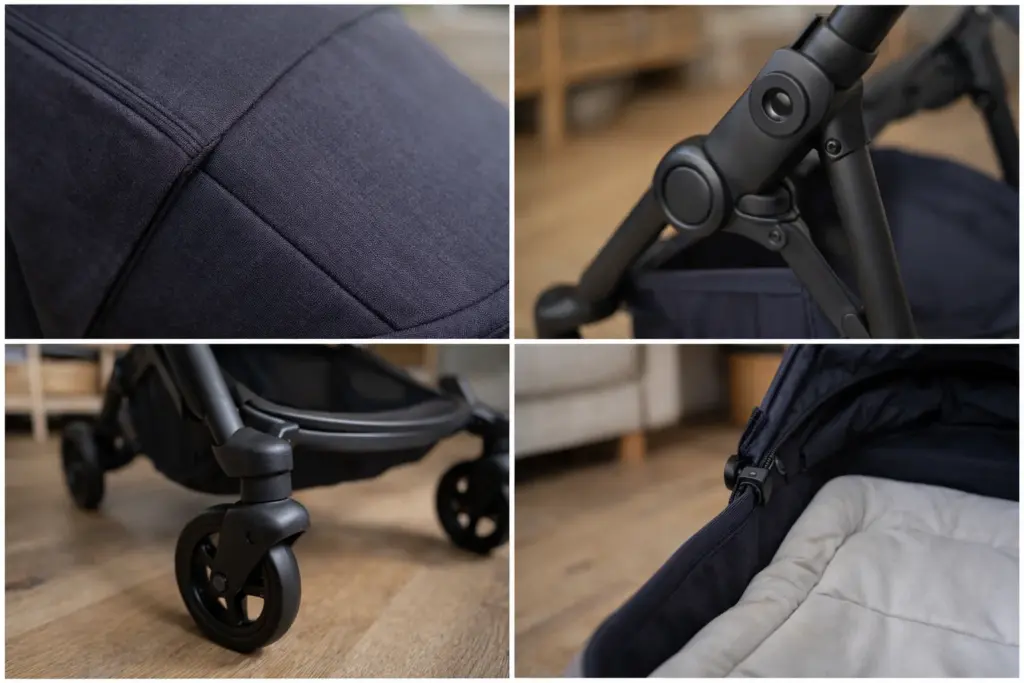 Kinderwagen im Wohnraum – saubere Nähte, stabiler Rahmen und kleine Räder gut erkennbar