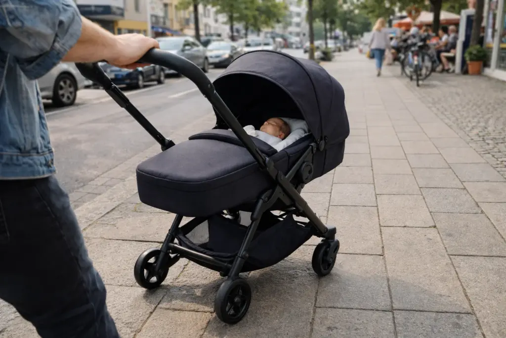 Kinderwagen auf Gehweg in Innenstadt – einhändiges Schieben und gute Kontrolle im Alltag