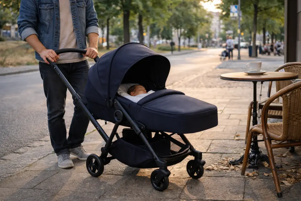 Kompakter Kinderwagen vor Café – entspanntes Stehen und Abstellen im urbanen Umfeld