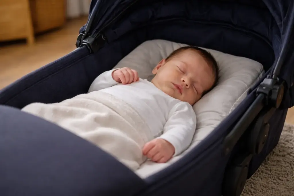 Gepolsterte Liegefläche im Kinderwagen – Neugeborenes liegt ruhig und gut gestützt