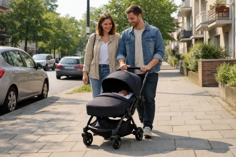 Kompakter City-Kinderwagen auf breitem Gehweg – leichtes Schieben und hohe Wendigkeit im urbanen Alltag
