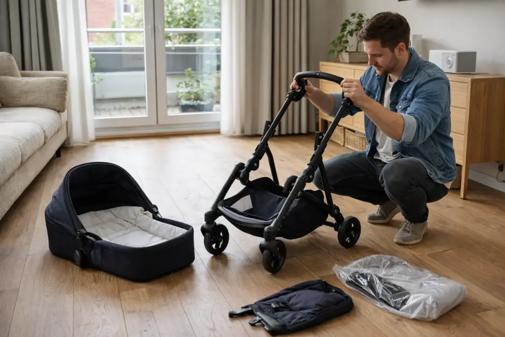 Kinderwagen wird in Stadtwohnung aufgebaut – kompakte Bauweise und übersichtliche Einzelteile