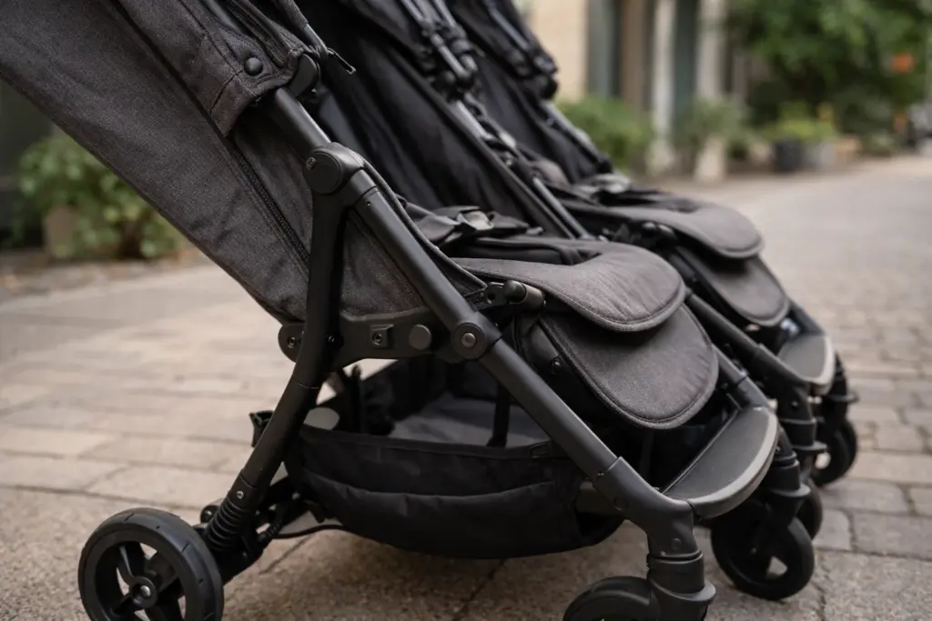 Kinderwagen-Detailansicht mit Stoff, Nähten und Rahmen – saubere Verarbeitung und robuste Materialien