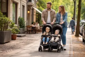 Schmaler Doppel-Kinderwagen auf Stadtgehweg – zwei Kinder sicher transportiert bei entspanntem Spaziergang