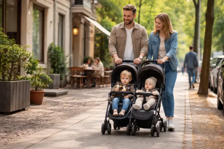 Schmaler Doppel-Kinderwagen auf Stadtgehweg – zwei Kinder sicher transportiert bei entspanntem Spaziergang