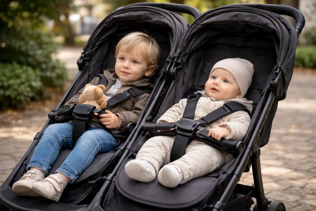 Gepolsterter Sitz- und Liegebereich im Doppel-Kinderwagen – zwei Kinder sitzen ruhig und geschützt
