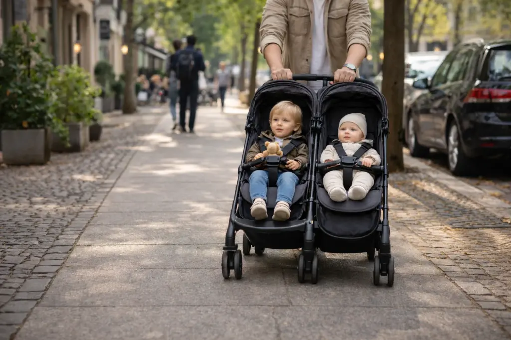 Doppel-Kinderwagen in Bewegung auf Gehweg – wendiges Schieben im urbanen Alltag