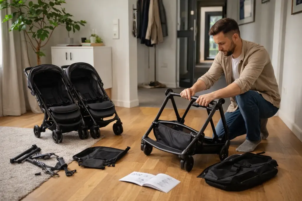 Doppel-Kinderwagen wird im Wohnraum aufgebaut – kompakte Einzelteile und übersichtlicher Zusammenbau