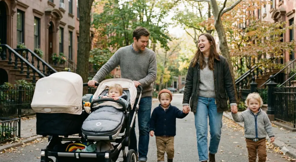 Familie unterwegs mit Zwillingskinderwagen – entspannter Spaziergang im Wohnviertel