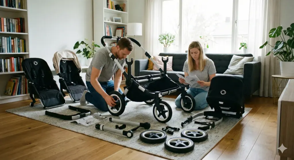 Zwillingskinderwagen wird im Wohnzimmer aufgebaut – Einzelteile übersichtlich angeordnet
