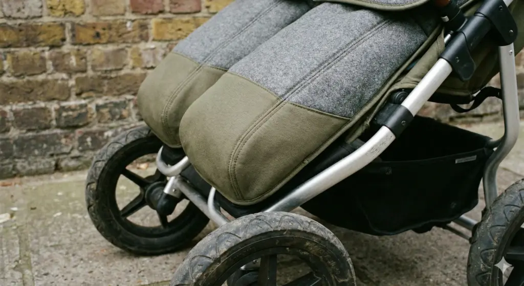 Detailansicht Zwillingskinderwagen – Stoffe, Nähte und Rahmen aus nächster Nähe sichtbar