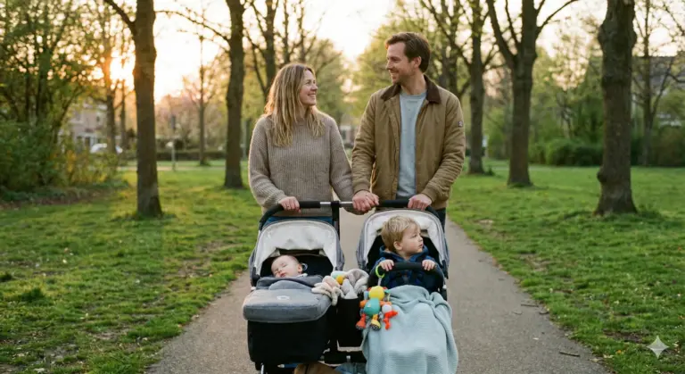 Zwillingskinderwagen auf Gehweg in der Stadt – ruhiges Schieben trotz Bordstein und Straßenkante