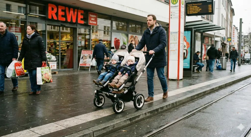 Zwillingskinderwagen im Alltag – Schieben entlang Bordstein und unebenem Untergrund