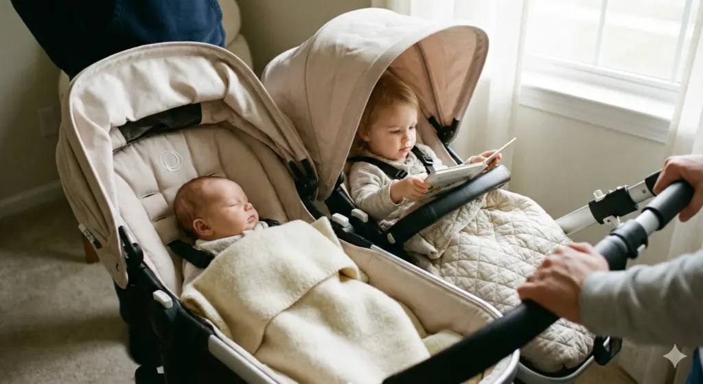 Gepolsterte Sitze im Zwillingskinderwagen – Kinder liegen und sitzen ruhig und geschützt