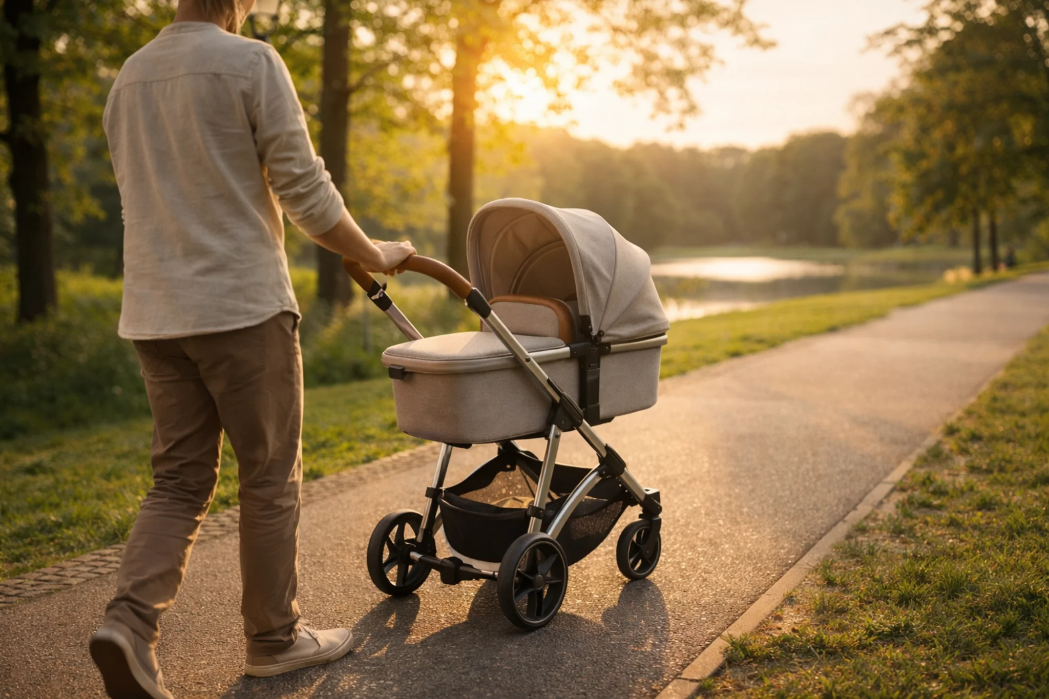 ABC Design Samba 2 Kinderwagen im Alltag auf einem Parkweg bei Sonnenuntergang