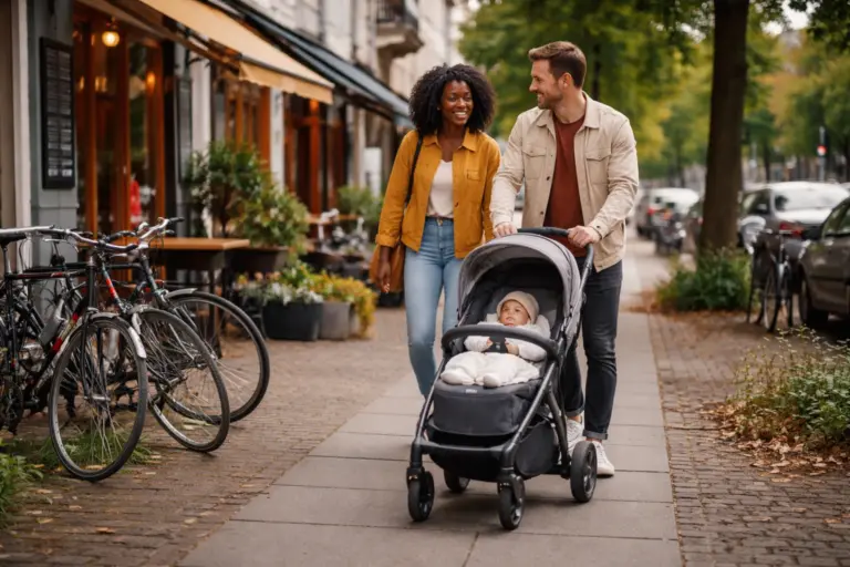 Kompakter Kinderwagen im Stadtviertel – leichtes Schieben auf Gehweg zwischen Fahrrädern und Passanten