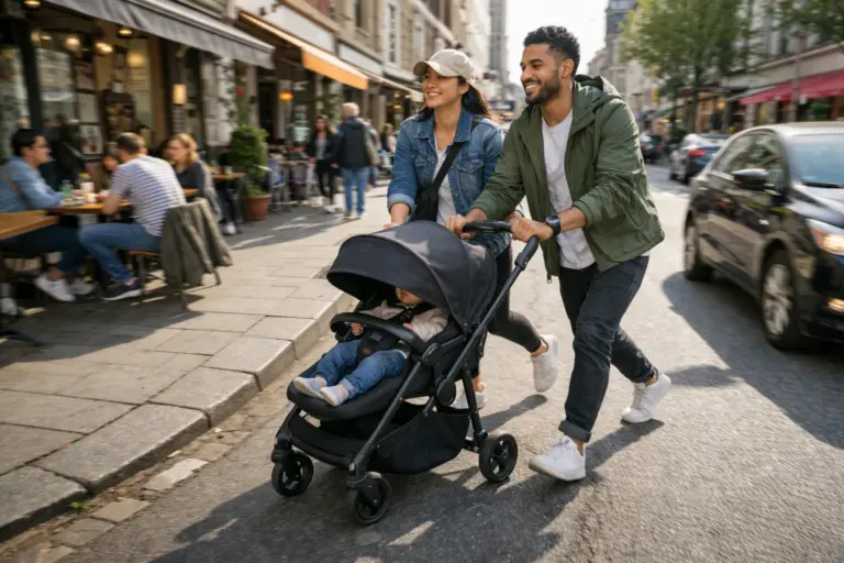 Kompakter Kinderwagen im Stadtalltag – leichtes Schieben auf belebtem Gehweg