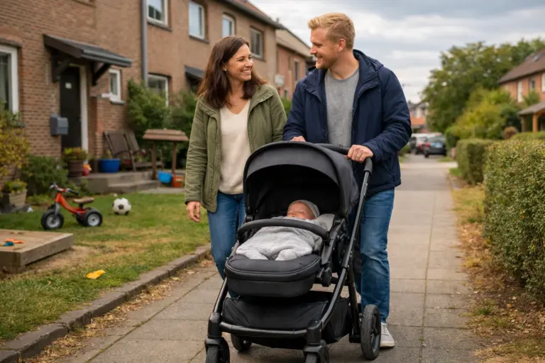Kinderwagen im Wohngebiet auf Gehweg – ruhiges Schieben bei Spaziergang mit Familie