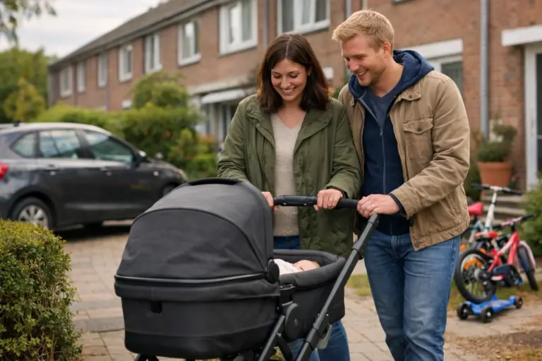 Kombikinderwagen im Vorstadt-Alltag – Eltern schieben entspannt auf ruhigem Gehweg
