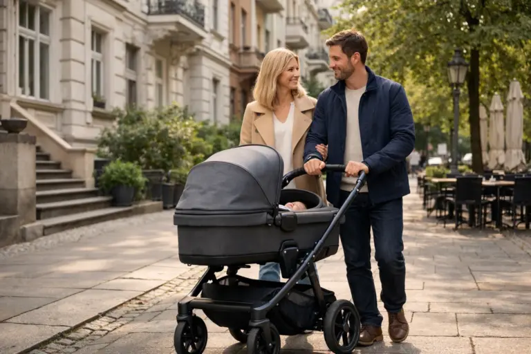 Kombikinderwagen im ruhigen Stadtviertel – entspanntes Schieben auf breitem Gehweg