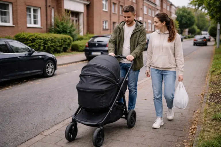 Kompakter Kombikinderwagen im Stadtalltag – einfaches Schieben auf Gehweg mit Einkaufstasche