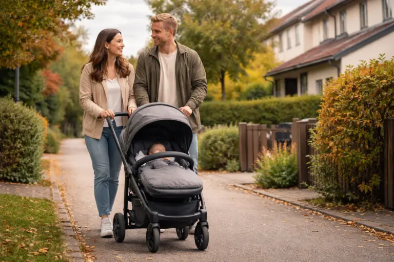 Kinderwagen auf Gehweg im Wohnviertel – stabile Fahrt im Alltag