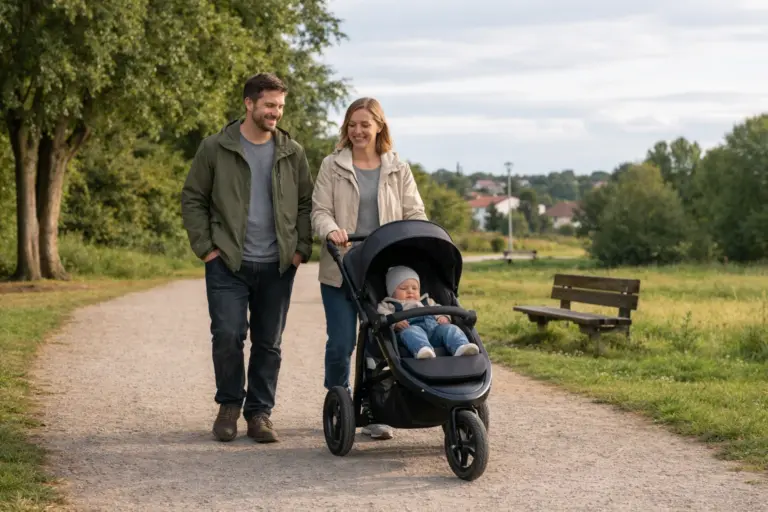 Geländetauglicher Kinderwagen auf Parkweg – ruhiges Fahrverhalten auf unebenem Untergrund